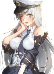 Rule 34 | 1girl, azur lane, bare shoulders, belt, between breasts, black belt, black jacket, black necktie, blush, breasts, buttons, collared shirt, covered erect nipples, domo1220, dress shirt, enterprise (azur lane), eyebrows, facing away, grey skirt, hand on own face, hat, jacket, jacket on shoulders, lips, long hair, looking at viewer, medium breasts, military, military uniform, miniskirt, necktie, necktie between breasts, off shoulder, one eye closed, parted lips, peaked cap, pink lips, pleated skirt, purple eyes, shirt, silver hair, simple background, skirt, sleeveless, sleeveless shirt, solo, star (symbol), straight hair, tareme, teeth, uniform, very long hair, white background, white hat, white shirt