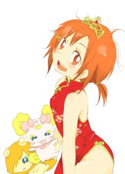 Rule 34 | 1girl, breasts, bright pupils, china dress, chinese clothes, commentary request, dress, gold trim, high collar, hino akane (smile precure!), looking at viewer, medium hair, precure, red eyes, red hair, small breasts, smile, smile precure!