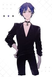 Rule 34 | 1boy, arm at side, black pants, black shirt, blue eyes, blue hair, choker, hand on own hip, heart, highres, kaito (vocaloid), long sleeves, looking at viewer, male focus, pants, parang 99, parted lips, shirt, short hair, sleeves past elbows, solo, v-neck, vocaloid