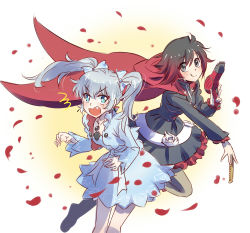 Rule 34 | 2girls, alternate hairstyle, angry, blue eyes, brown hair, cloak, comb, gradient hair, hair dryer, highres, hood, hooded cloak, iesupa, jewelry, multicolored hair, multiple girls, necklace, petals, red hair, rose petals, ruby rose, rwby, scar on face, grey eyes, silver hair, smile, twintails, weiss schnee
