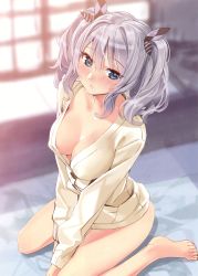 Rule 34 | 1girl, absurdres, bare legs, barefoot, blue eyes, blurry, blurry background, blush, bow, breasts, buttons, cleavage, full body, hair bow, highres, indoors, kantai collection, kashima (kancolle), long hair, long sleeves, looking at viewer, medium breasts, parted lips, scan, shirt, silver hair, simple background, sitting, solo, thighs, toes, twintails, wariza, yahako