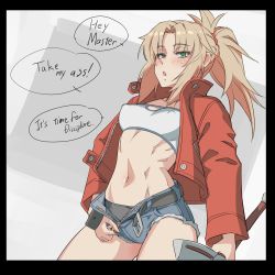 Rule 34 | 1girl, belt, black panties, blonde hair, clarent (fate), covered erect nipples, cutoffs, denim, denim shorts, english text, fate/apocrypha, fate/grand order, fate (series), green eyes, highres, holding, holding sword, holding weapon, jacket, mikoyan, mordred (fate), mordred (fate/apocrypha), navel, open belt, open clothes, open fly, open shorts, panties, ponytail, shorts, solo, stomach, sword, third-party edit, unbuckled, underwear, unzipped, weapon, zipper, zipper pull tab