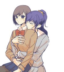 Rule 34 | 2girls, asahina mafuyu, black eyes, black skirt, bow, bowtie, bright pupils, brown hair, brown sweater, closed eyes, closed mouth, collared shirt, commentary, grabbing, grabbing another&#039;s breast, grabbing from behind, grey shirt, grey skirt, hashtag-only commentary, highres, hug, hug from behind, long hair, long sleeves, looking at viewer, multiple girls, otaku5252, pantyhose, pleated skirt, ponytail, project sekai, purple hair, red bow, red bowtie, sailor collar, shinonome ena, shirt, short hair, simple background, sitting, sitting on lap, sitting on person, skirt, sweatdrop, sweater, white background, white pupils, white sailor collar, white shirt, yuri