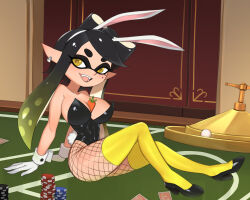 Rule 34 | 1girl, barleyshake, between breasts, black hair, breasts, callie (splatoon), card, carrot, ear piercing, fishnet pantyhose, fishnets, gloves, high heels, inkling, inkling player character, large breasts, leotard, looking at viewer, nintendo, open mouth, pantyhose, piercing, playboy bunny, playing card, poker chip, poker table, roulette table, sitting, smile, solo, splatoon (series), table, tentacle hair, wrist cuffs, yellow eyes