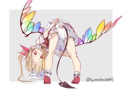 Rule 34 | 1girl, :o, asymmetrical hair, bare shoulders, bent over, bloomers, blush, bobby socks, border, buttons, demon girl, demon tail, demon wings, flandre scarlet, frilled skirt, frills, from behind, full body, grey background, hair ribbon, laevatein, long hair, looking at viewer, looking back, off shoulder, open mouth, rainbow order, red eyes, red footwear, red ribbon, red skirt, red vest, ribbon, shoes, side ponytail, simple background, sketch, skirt, socks, solo, tail, tareme, touhou, toutenkou, twitter username, underwear, upskirt, vest, white border, white socks, wings