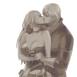 Rule 34 | 1boy, 1girl, blonde hair, breasts, closed eyes, corset, couple, dante (devil may cry), devil may cry, devil may cry (series), devil may cry 4, hand grab, hetero, kiss, looking at another, lowres, trish (devil may cry), undressing