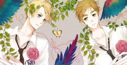 Rule 34 | axis powers hetalia, blonde hair, blue eyes, bug, butterfly, england, flower, green eyes, insect, necktie, ribbon, short hair, united states