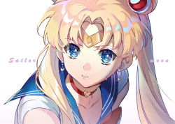 Rule 34 | 1girl, bishoujo senshi sailor moon, blonde hair, blue eyes, blue sailor collar, breasts, character name, choker, circlet, cleavage, collarbone, commentary, commentary request, crescent, crescent-shaped pupils, crescent earrings, derivative work, diadem, earrings, ekita kuro, english commentary, glint, hair over shoulder, heart, heart choker, jewelry, light blush, long hair, looking to the side, magical girl, meme, mixed-language commentary, parted bangs, parted lips, red choker, sailor collar, sailor moon, sailor moon redraw challenge (meme), sailor senshi uniform, screenshot redraw, simple background, solo, symbol in eye, tears, tsukino usagi, twintails, upper body, white background