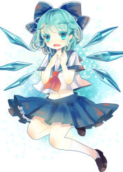 Rule 34 | 1girl, black footwear, black skirt, blue eyes, blue hair, bow, bowtie, cirno, detached wings, fairy, fairy wings, hair bow, highres, hiyuu (hiyualice), ice, ice wings, jumping, open mouth, red bow, shirt, short hair, skirt, solo, thighhighs, touhou, white shirt, white thighhighs, wings