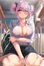 Rule 34 | 1girl, alternate costume, arm under breasts, bag, bare legs, black skirt, blue archive, blush, breasts, button gap, chalkboard, classroom, cleavage, collarbone, commentary request, desk, double bun, hair bun, highres, indoors, kawai (purplrpouni), large breasts, light smile, looking at viewer, mika (blue archive), no halo, partial commentary, partially unbuttoned, pink hair, pleated skirt, school bag, school desk, school uniform, shirt, shirt tucked in, sidelocks, sitting, skirt, solo, wariza, white shirt