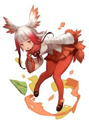Rule 34 | 10s, 1girl, blunt bangs, full body, gloves, head wings, highres, japanese crested ibis (kemono friends), kemono friends, leaning forward, lee hyeseung, long hair, long sleeves, looking at viewer, multicolored hair, open mouth, pantyhose, pleated skirt, red gloves, red hair, red pantyhose, shirt, simple background, skirt, solo, tail, two-tone hair, white background, white hair, white shirt, wings, yellow eyes
