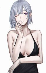 Rule 34 | 1girl, april fools, arm up, bare shoulders, black dress, bracelet, breasts, collarbone, commentary, dress, english commentary, fingernails, girls&#039; frontline, grey hair, highres, jewelry, large breasts, medium hair, one eye closed, parted lips, plunging neckline, purple eyes, rpk-16 (girls&#039; frontline), selcky, simple background, solo, upper body, white background
