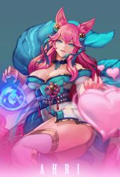 Rule 34 | 1girl, ahri (league of legends), animal ear fluff, animal ears, aqua ribbon, bell, blue eyes, blue tail, breasts, character name, eyeshadow, fangs, fangs out, fingernails, floating, fox ears, fox tail, gradient background, hair bell, hair between eyes, hair ornament, hair ribbon, heart, highres, japanese clothes, kimono, large breasts, league of legends, long hair, long sleeves, mad kimo, makeup, parted lips, pink eyeshadow, pink hair, pink lips, ribbon, solo, spirit blossom ahri, tail, thighhighs, white thighhighs, wide sleeves