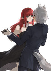 alternate_costume animal_ears black_dress cat_ears cat_tail dancing dream60530 dress formal_clothes holding_hands jane_doe_(zenless_zone_zero) jewelry looking_at_another mouse_ears necklace red_hair seth_lowell smile suit tail white_background white_hair zenless_zone_zero