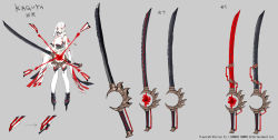 Rule 34 | bare shoulders, character name, copyright name, grey background, headgear, high heels, highres, holding, holding sword, holding weapon, kaguya (layered stories zero), layered stories zero, long sleeves, long sword, nail polish, official art, parted bangs, simple background, solo, sword, thighhighs, weapon, white hair, white thighhighs, wide sleeves, yamakawa