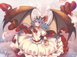 Rule 34 | 1girl, ascot, bad id, bad pixiv id, bat wings, blue hair, bow, cheong ha, frills, hat, hat bow, mob cap, petals, red eyes, remilia scarlet, solo, touhou, wavy hair, wings, wrist cuffs