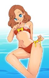 Rule 34 | 1girl, artist request, bare shoulders, beach, bikini, blue eyes, blush stickers, breasts, brown hair, collarbone, female focus, groin, katrielle layton, layton&#039;s mystery journey, layton brothers: mystery room, legs, looking at viewer, mdiriff, medium hair, navel, professor layton, red bikini, small breasts, solo, solo focus, stomach, swimsuit, tagme, thighs, water