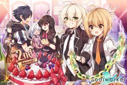 Rule 34 | 2boys, 4girls, ahoge, anniversary, artist name, bad id, bad pixiv id, black hair, black jacket, black neckwear, black shirt, black skirt, blonde hair, blush, breasts, brown eyes, brown hair, brown jacket, cake, closed eyes, closed mouth, commentary request, copyright name, crossed arms, erwin arclight, food, fruit, grapes, green eyes, grin, haru estia, highres, iris yuma, jacket, jin seipatsu, korean commentary, lily bloomerchen, long hair, maett, medium breasts, miniskirt, multiple boys, multiple girls, necktie, octopus, open clothes, open jacket, open mouth, orange (fruit), orange neckwear, oven mitts, pants, party, pleated skirt, profile, red eyes, red neckwear, school uniform, shirt, short hair, skirt, smile, soulworker, stella unibell, strawberry, uniform, v, weapon, white hair, white shirt