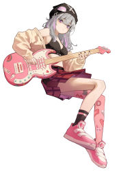 Rule 34 | 1girl, :&lt;, absurdres, bare shoulders, beanie, black bra, black hat, black nails, black thighhighs, bra, breasts, brown jacket, closed mouth, commentary, commission, electric guitar, grey hair, guitar, hat, highres, holding, holding instrument, instrument, invisible chair, jacket, key hair ornament, large breasts, looking at viewer, midriff, multicolored hair, nail polish, navel, off shoulder, original, pink footwear, pink hair, pink socks, plaid, plaid skirt, pleated skirt, purple eyes, red skirt, shoes, single sock, single thighhigh, sitting, skirt, sneakers, socks, solo, sticker, thighhighs, two-tone hair, underwear, white background, yoon cook