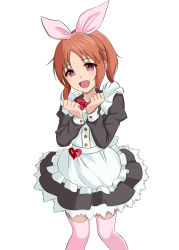 Rule 34 | 1girl, :d, abe nana, apron, black dress, blush, bow, brown hair, commentary request, dress, frilled apron, frills, hair ribbon, hands up, heart, highres, idolmaster, idolmaster cinderella girls, juliet sleeves, long sleeves, looking at viewer, maid apron, open mouth, parted bangs, pink lips, pink ribbon, pleated dress, ponytail, puffy sleeves, red bow, red eyes, ribbon, simple background, smile, solo, taka (takahirokun), thighhighs, translation request, white apron, white background