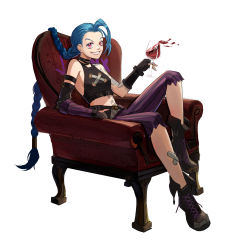 Rule 34 | 1girl, absurdres, alcohol, arcane: league of legends, arcane jinx, arm tattoo, armchair, asymmetrical bangs, bandaid, bandaid on knee, bandaid on leg, bare shoulders, blue hair, braid, breasts, chair, cloud tattoo, cup, fingerless gloves, glass, gloves, grin, highres, holding, holding cup, jinx (league of legends), knee up, league of legends, long hair, looking at viewer, navel, pants, shoes, shoulder tattoo, simple background, sitting, small breasts, smile, solo, striped, tattoo, teeth, twin braids, white background, wine, yunyou daoren