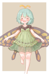 Rule 34 | 1girl, adapted costume, antennae, aqua hair, arinu, bare legs, barefoot, blush, border, butterfly wings, collarbone, dress, eternity larva, fairy, green dress, hair between eyes, highres, insect wings, layered dress, multicolored clothes, multicolored dress, open mouth, puffy short sleeves, puffy sleeves, short hair, short sleeves, smile, solo, touhou, white border, wings