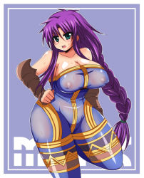 Rule 34 | 1girl, afuro, bare shoulders, braid, breasts, cosplay, covered erect nipples, faris scherwiz, female focus, final fantasy, final fantasy v, green eyes, groin, hip focus, huge breasts, long hair, monk, monk (fft), open mouth, plump, purple hair, see-through, solo, standing, sweat, wide hips