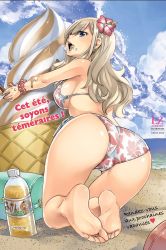 Rule 34 | 1girl, absurdres, ass, beach, bikini, blonde hair, blue eyes, blue sky, breasts, day, earrings, eden&#039;s zero, flower, food, hair flower, hair ornament, highres, ice cream, jewelry, large breasts, long hair, looking at viewer, looking back, mashima hiro, official art, outdoors, rebecca bluegarden, sideboob, sky, solo, swimsuit, underboob