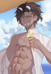 Rule 34 | 1boy, abs, absurdres, arknights, black hair, blue sky, cloud, cloudy sky, dark-skinned male, dark skin, earrings, food, food on face, highres, holding, holding food, ice cream, jewelry, male focus, muscular, muscular male, nipples, open clothes, open shirt, outdoors, shiba257, shirt, sky, solo, thorns (arknights), utensil in mouth, white shirt, yellow eyes