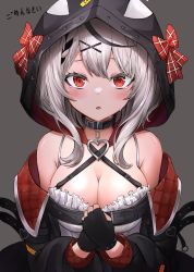 Rule 34 | 1girl, absurdres, belt, black belt, black choker, black gloves, black hair, black jacket, blouse, blush, bow, breasts, choker, cleavage, commentary request, crying, crying with eyes open, fingerless gloves, gloves, hair ornament, highres, hololive, holox, hood, hood up, jacket, large breasts, lds (dstwins97), long hair, looking at viewer, multicolored hair, off shoulder, open clothes, open jacket, parted lips, plaid, plaid bow, red bow, red eyes, sakamata chloe, sakamata chloe (1st costume), shirt, silver hair, simple background, solo, streaked hair, tears, translation request, upper body, virtual youtuber, white shirt, x hair ornament
