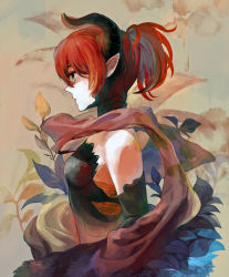 Rule 34 | 1girl, bare shoulders, horns, leaf, oburaato, original, pointy ears, ponytail, profile, red hair, scarf, solo, yellow eyes