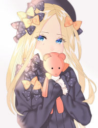 Rule 34 | 1girl, abigail williams (fate), akapug621, bad id, bad pixiv id, black bow, black hat, black shirt, blonde hair, blue eyes, bow, fate/grand order, fate (series), floating hair, hair bow, hat, holding, holding stuffed toy, long hair, looking at viewer, multiple hair bows, orange bow, parted lips, polka dot, polka dot bow, shirt, simple background, sleeves past wrists, solo, stuffed animal, stuffed toy, teddy bear, upper body, white background