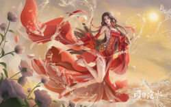 Rule 34 | 1girl, absurdres, bad link, brown hair, chest cutout, chinese clothes, cloud, cloudy sky, detached sleeves, dress, falling petals, flower, hair ornament, hair rings, highres, huo linger (wanmei shijie), legs up, long hair, looking at viewer, petals, red dress, red footwear, second-party source, sky, solo, sun, two-tone dress, wanmei shijie, water, watercraft, white flower, zuizhong bingqi xia xin