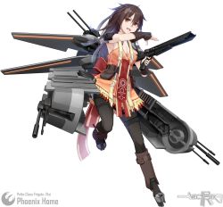 Rule 34 | 1girl, absurdres, animification, artist name, boots, bow, breasts, brown hair, character name, cleavage, dress, full body, gun, highres, long hair, mecha musume, medium breasts, open mouth, orange eyes, personification, phoenix home, solo, star wars, teeth, thighhighs, transparent background, vectorek, weapon