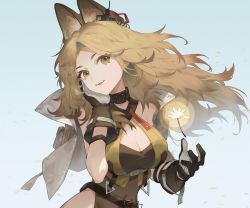 Rule 34 | 1girl, :d, absurdres, animal ear fluff, animal ears, arknights, bare shoulders, black gloves, blue background, breasts, brown eyes, brown hair, cat ears, cleavage, commentary, covered navel, forehead, gloves, gu tao, highres, large breasts, long hair, looking at viewer, open mouth, quercus (arknights), simple background, smile, solo, upper body