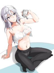 Rule 34 | 1girl, arm support, aurora e. juutilainen, breasts, canteen, covered erect nipples, grey hair, groin, indian style, kuni-kun, medium breasts, navel, panties, panties under pantyhose, pantyhose, pouring, pouring onto self, purple eyes, sitting, solo, strike witches: aurora no majo, topless, towel, underwear, white background, white panties, world witches series