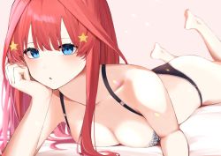 Rule 34 | 1girl, bare shoulders, barefoot, bed, blue eyes, blush, bra, breasts, cleavage, go-toubun no hanayome, hair ornament, hand on own cheek, hand on own face, highres, jun (30409972), lens flare, lingerie, long hair, lying, medium breasts, nakano itsuki, on stomach, open mouth, panties, pink background, red hair, simple background, solo, star (symbol), star hair ornament, underwear