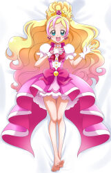 Rule 34 | 1girl, barefoot, bed sheet, blonde hair, bow, bowtie, commentary request, cure flora, dress, earrings, from above, full body, gloves, go! princess precure, hand on own chest, hanzou, haruno haruka, highres, jewelry, long hair, looking at viewer, lying, magical girl, medium dress, multicolored hair, on back, on bed, open mouth, partial commentary, petticoat, pink bow, pink dress, pink hair, precure, puffy short sleeves, puffy sleeves, red bow, red bowtie, short sleeves, smile, solo, streaked hair, tiara, two-tone hair, waist bow, wavy hair