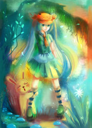 Rule 34 | 1girl, absurdres, animal, animal hat, crab, flower, green dam, green eyes, green hair, hat, highres, leaf, leg hold, long hair, mang she lan, matching hair/eyes, necktie, os-tan, personification, plant, rabbit, signature, socks, solo, striped clothes, striped socks, tree, twintails, yoyoo12163