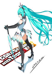 Rule 34 | 1girl, aqua eyes, aqua hair, artist name, ass, boots, closed umbrella, crown, dated, elbow gloves, from behind, full body, gloves, goodsmile company, goodsmile racing, hatsune miku, headphones, headset, high heels, leotard, long hair, official art, photoshop (medium), planted, planted umbrella, race queen, racing miku, racing miku (2013), saitou masatsugu, solo, thigh boots, thighhighs, twintails, umbrella, very long hair, vocaloid