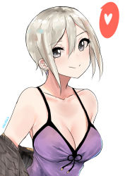 Rule 34 | 1girl, artist name, bare shoulders, black ribbon, blonde hair, blush, breasts, brown eyes, cleavage, closed mouth, collarbone, dress, earrings, hair between eyes, heart, highres, idolmaster, idolmaster cinderella girls, jewelry, looking at viewer, medium breasts, norman maggot, off shoulder, open clothes, ribbon, shiomi syuko, short hair, simple background, sleeveless, sleeveless dress, smile, solo, spoken heart, stud earrings, undressing, upper body, white background