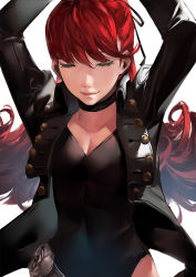 Rule 34 | 1girl, arms up, black choker, black jacket, black leotard, black ribbon, blazpu, breasts, buttons, choker, cleavage, closed eyes, closed mouth, collared jacket, gloves, hair between eyes, highres, jacket, leotard, lips, long hair, long sleeves, persona, persona 5, persona 5 the royal, ponytail, red hair, ribbon, shaded face, simple background, smile, solo, very long hair, white background, yoshizawa kasumi