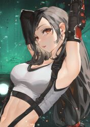 Rule 34 | 1girl, arm guards, armpits, arms up, black gloves, black hair, black sports bra, breasts, building, commentary, crop top, earrings, elbow gloves, eyelashes, fadingz, final fantasy, final fantasy vii, final fantasy vii remake, gloves, hair behind ear, highres, jewelry, large breasts, light particles, lips, long hair, looking at viewer, low-tied long hair, midriff, navel, outdoors, parted lips, pixiv username, red eyes, revision, signature, single earring, solo, sports bra, stomach, suspenders, swept bangs, tank top, teardrop earring, tifa lockhart, upper body, white tank top
