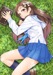 Rule 34 | 1girl, black socks, blue neckerchief, blue skirt, bow, brown eyes, brown footwear, brown hair, commentary request, day, fingernails, grass, hair bow, idolmaster, idolmaster million live!, idolmaster million live! theater days, kitazawa shiho, kneehighs, long hair, long sleeves, looking at viewer, looking to the side, lying, miri (ago550421), nail polish, neckerchief, on grass, on side, outdoors, pink nails, pleated skirt, polka dot, polka dot bow, sailor collar, school uniform, serafuku, shirt, shoes, signature, skirt, socks, solo, very long hair, white bow, white sailor collar, white shirt