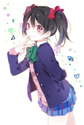 Rule 34 | 10s, 1girl, bad id, bad pixiv id, black hair, blazer, bow, cardigan, hair bow, heart, heart-shaped pupils, jacket, looking at viewer, love live!, love live! school idol project, open clothes, open jacket, red eyes, school uniform, short hair, skirt, smile, solo, symbol-shaped pupils, tuuuh, twintails, v, white background, yazawa nico