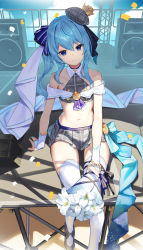 Rule 34 | 1girl, absurdres, adapted costume, bare arms, bare shoulders, blue choker, blue eyes, blue hair, bouquet, choker, closed mouth, collarbone, collared shirt, crop top, desk, flat chest, flower, grey hat, grey shirt, grey skirt, hat, head tilt, highres, holding, hololive, hoshimachi suisei, hoshimachi suisei (1st costume), lily (flower), long hair, looking at viewer, midriff, miniskirt, navel, on desk, plaid, pleated skirt, revealing clothes, scottie (phantom2), shirt, shoes, side ponytail, sitting, skirt, sleeveless, sleeveless shirt, smile, solo, stomach, thighhighs, thighs, tilted headwear, virtual youtuber, wavy hair, white flower, white thighhighs, zettai ryouiki