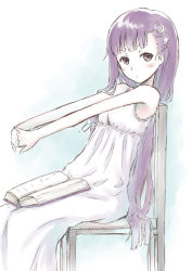 Rule 34 | 104, bare arms, bare shoulders, book, chair, dress, hair ornament, highres, looking at viewer, nightgown, patchouli knowledge, purple eyes, purple hair, simple background, sitting, sketch, stretching, touhou, white dress