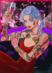 Rule 34 | 1girl, absurdres, alcohol, arm tattoo, black nails, bracelet, breasts, cityscape, cleavage, commission, cup, dress, drinking glass, earrings, facial tattoo, hand on own arm, highres, holding, holding cup, jewelry, lips, long hair, looking at viewer, nail polish, necklace, okada (hoooojicha), original, parted bangs, purple eyes, red dress, red lips, ring, sitting, skeb commission, solo, tattoo, white hair, wine, wine glass