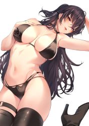 Rule 34 | 1girl, amagimei, azur lane, bare shoulders, bikini, black bikini, black choker, black hair, black thighhighs, blush, breast suppress, breasts, breasts apart, choker, hair between eyes, highres, hip bones, large breasts, long hair, looking at viewer, midriff, navel, official alternate costume, parted lips, red eyes, seductive smile, simple background, skindentation, smile, stomach, swimsuit, taihou (enraptured companion) (azur lane), thighhighs, white background