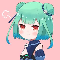 Rule 34 | 1girl, :t, puff of air, blue dress, blue ribbon, blue sleeves, blunt bangs, blush, brooch, commentary, detached sleeves, double bun, dress, green hair, hair bun, hair ornament, hair ribbon, highres, hololive, ixia (ixia424), jewelry, looking at viewer, pink background, pout, red eyes, ribbon, short hair, simple background, skull, skull hair ornament, sleeveless, sleeveless dress, solo, symbol-only commentary, symbol-shaped pupils, upper body, uruha rushia, uruha rushia (1st costume), virtual youtuber